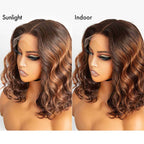 QVR Glueless Straight Ombre Brown Highlight Silky Blunt Cut 5x5 Lace Closure Short Bob Wigs
