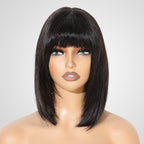 QVR Silk Straight 99J Color Machine Made Bob Wig With Bangs Straight Human Hair Wigs No Lace