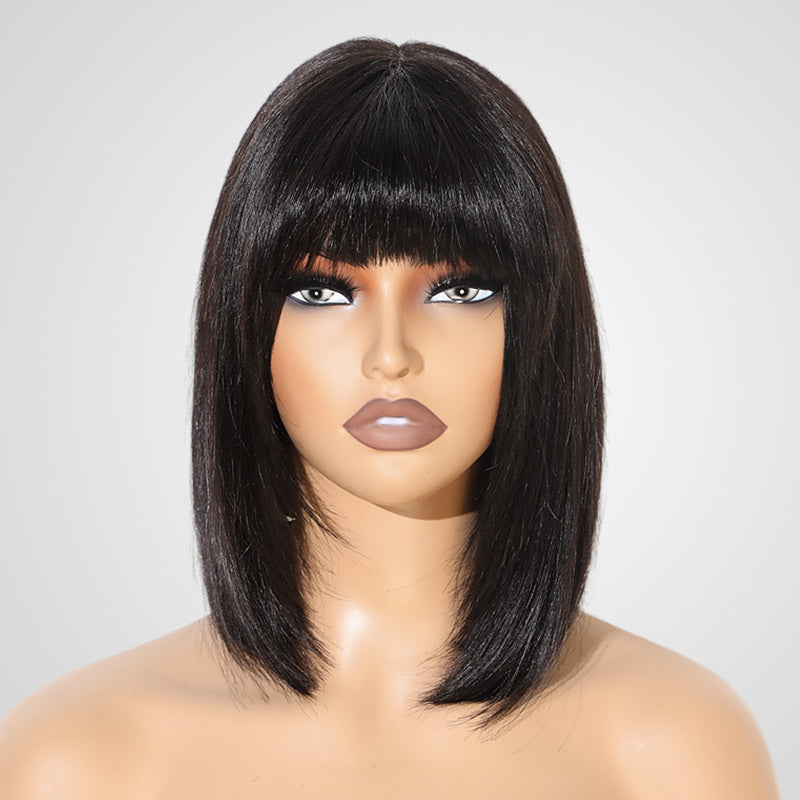QVR Silk Straight 99J Color Machine Made Bob Wig With Bangs Straight Human Hair Wigs No Lace