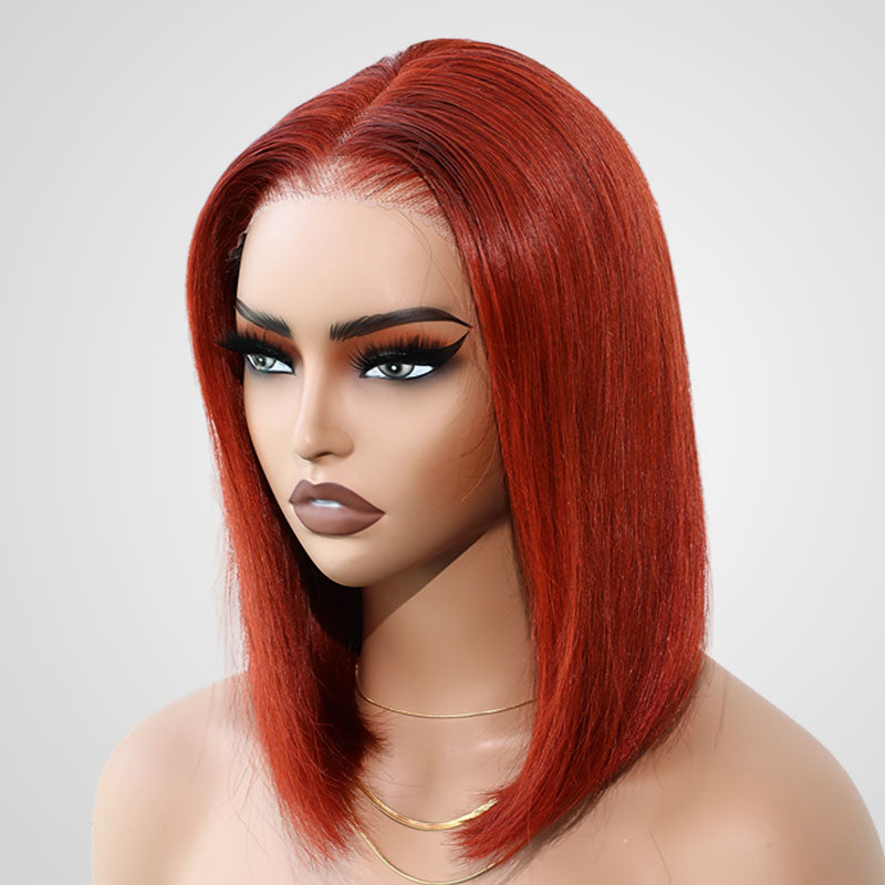 QVR Dirty Oranage Color Short Bob Wigs 5x5 Pre-cut Lace Straight Human Hair Wigs
