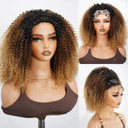 QVR Glueless Highlight Brown Kinky Curly Half Wig 250% Density Human Hair Wig #1B/30 Wear Go Flip Over Wig
