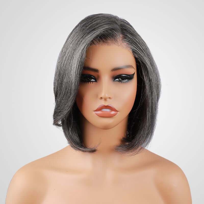 QVR Salt & Pepper Side Part Short Bob Wig Glueless 5X5 Lace Closure Wig