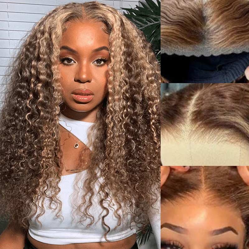 QVR Glueless Pre-cut 4x6 HD Lace Closure Human Hair Wigs Kinky Curly Piano Highlights Color Wear Go Wig
