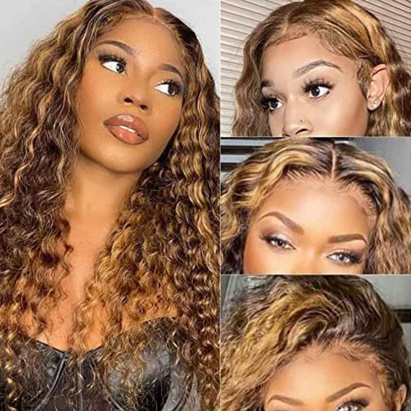 QVR Glueless Pre-cut 4x4 HD Lace Closure Human Hair Wigs Deep Wave Piano #4/27 Highlight Wear & Go Wigs