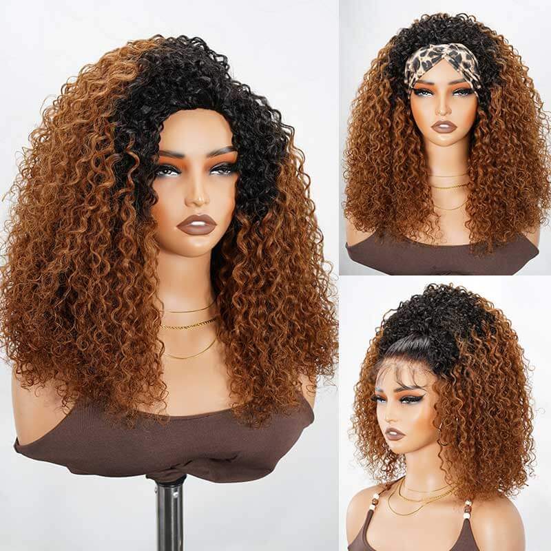 QVR Glueless Ombre Brown Twist Curly Half Wig with Black Roots 250% Density Human Hair Wig #T1B/30 Wear Go Flip Over Wig