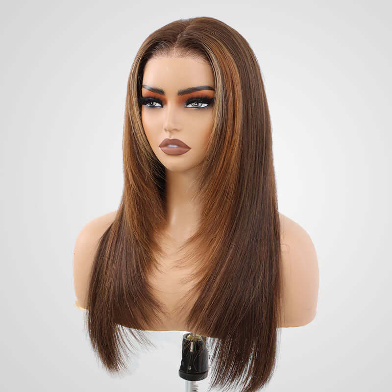 QVR Straight Layer Cut Highlight 4/27/30 Color Human Hair Lace Wigs