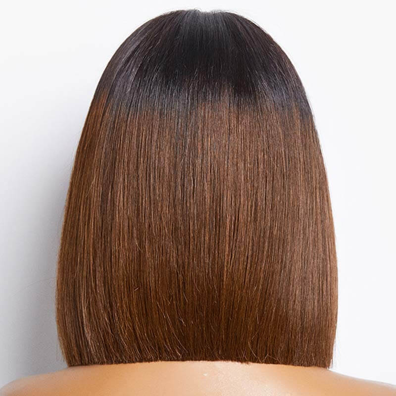 QVR Glueless Straight Ombre Brown Highlight Silky Blunt Cut 5x5 Lace Closure Short Bob Wigs