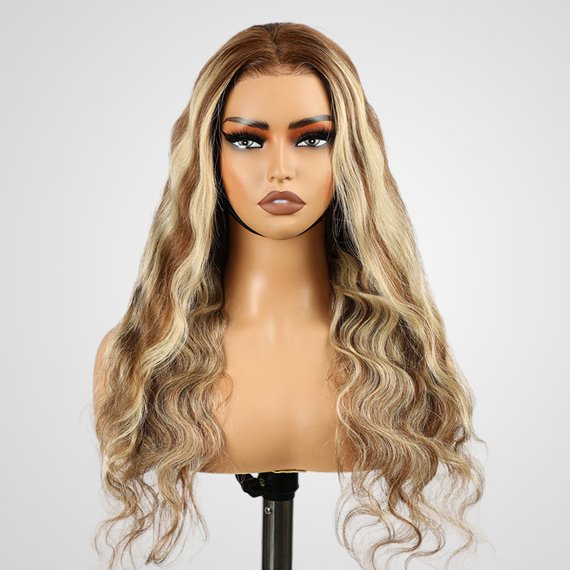 QVR Glueless Highlights Brown With Blonde Pre-cut 4x6 Lace Straight&Body Wave #P5/613 Wigs