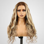 QVR Glueless Highlights Brown With Blonde Pre-cut 4x6 Lace Straight&Body Wave #P5/613 Wigs