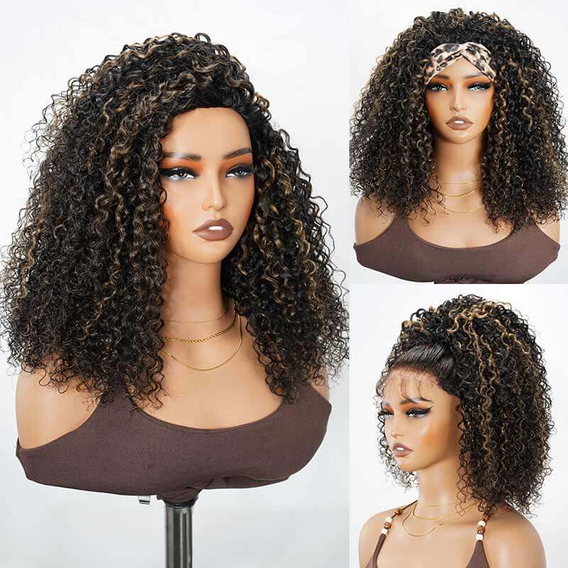 QVR Glueless Blonde Highlight Twist Curly Half Wig 250% Density Human Hair Wig #1B/27 Wear Go Flip Over Wig