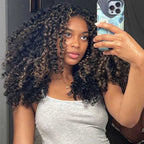 QVR Glueless Pre-cut Balayage 13x4 Lace Frontal Curly Edge Kinky Curly Wigs Black and blonde Highlights Human Hair Wigs
