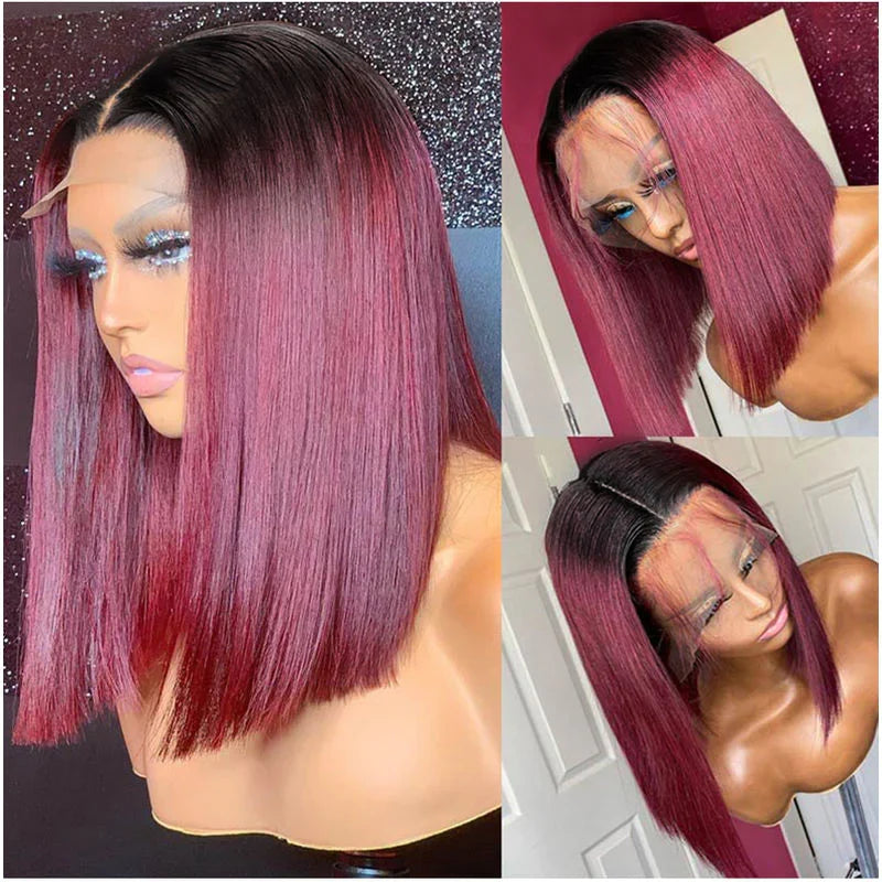 QVR 1B/99J Burgundy Color Hair Short Bob Wigs Straight Human Hair Wigs Short Lace Wigs With Dark Roots