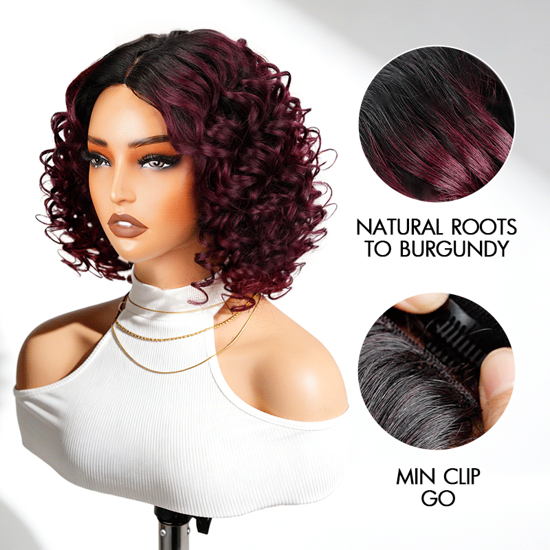 QVR Glueless Big Curly V Part Wig Ombre #T1B/99J Human Hair Short Bob Wig