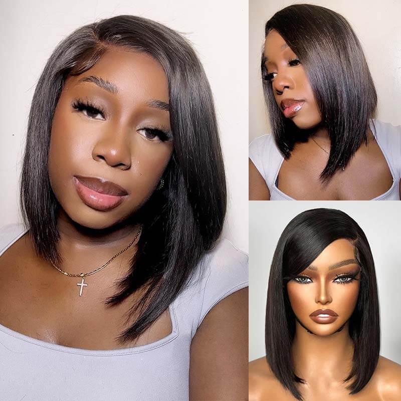 QVR Swoop Bangs Silky Straight Glueless 5x5 Closure  Deep Left C Part Lace Bob Wig