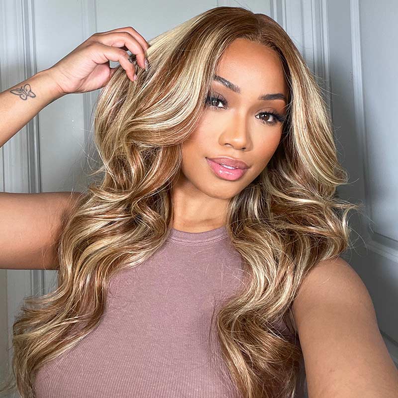 QVR Glueless Highlights Brown With Blonde Pre-cut 4x6 Lace Straight&Body Wave #P5/613 Wigs