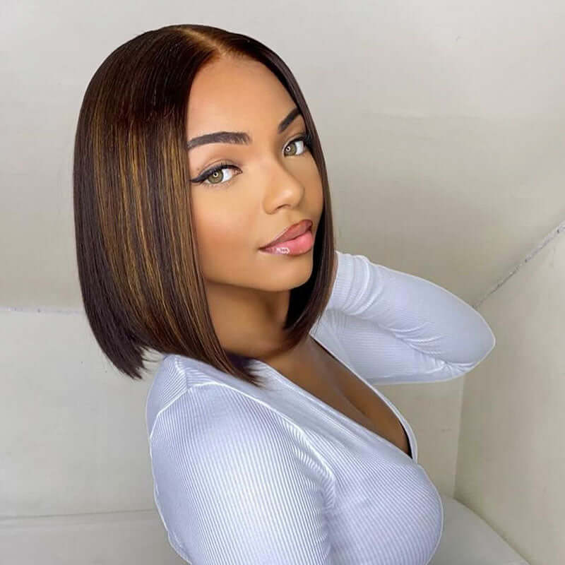 QVR Glueless Mix Brown Highlights Straight 5x5 Pre-cut Lace Short Bob Wigs