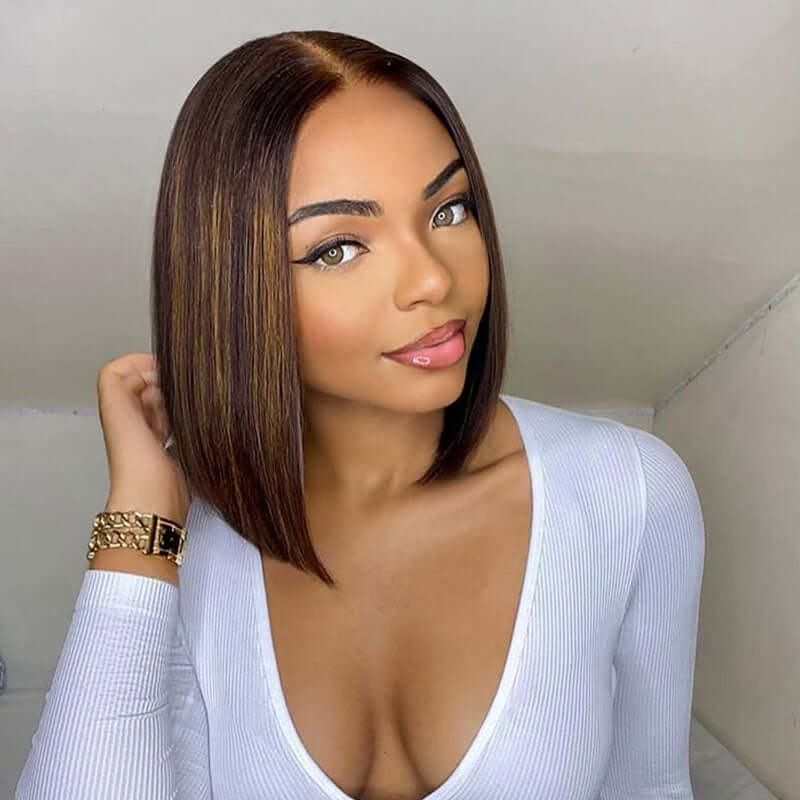 QVR Glueless Mix Brown Highlights Straight 5x5 Pre-cut Lace Short Bob Wigs