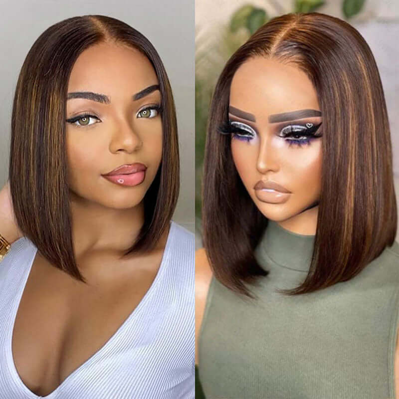 QVR Glueless Mix Brown Highlights Straight 5x5 Pre-cut Lace Short Bob Wigs