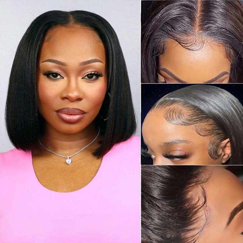 QVR Straight Short Bob Wigs Pre Plucked 4x4 Lace Closure Human Hair Wigs 180% Density