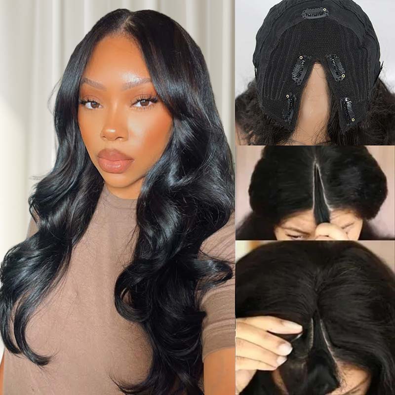 QVR Glueless Beginner Friendly V Part Wig Body Wave Human Hair Wigs No Sew In No Gel NO Leave Out