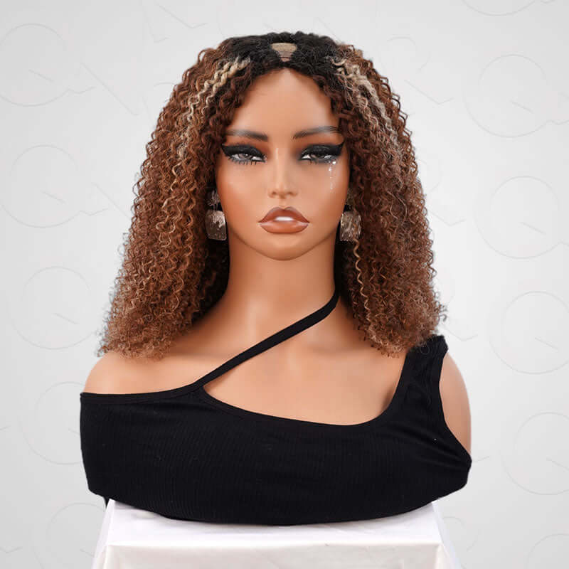 QVR Invisible Lace Edge Kinky Curly V Part Wigs Highlight #1B/27/613 No Leave Out Human Hair Wig