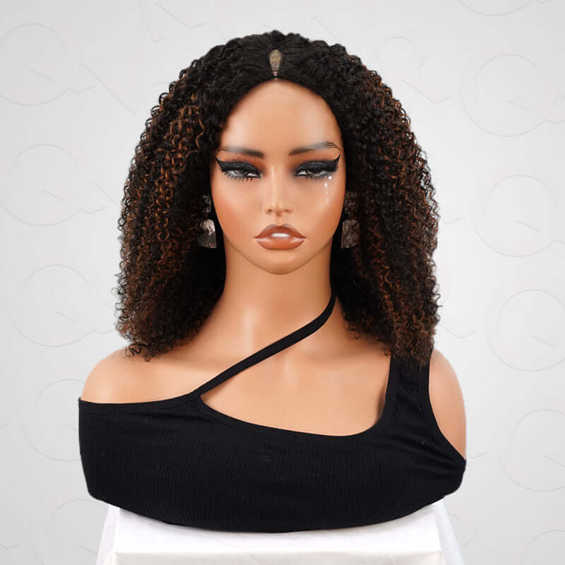 QVR Invisible Lace Edge Kinky Curly V Part Wigs Highlight #1B/27/613 No Leave Out Human Hair Wig