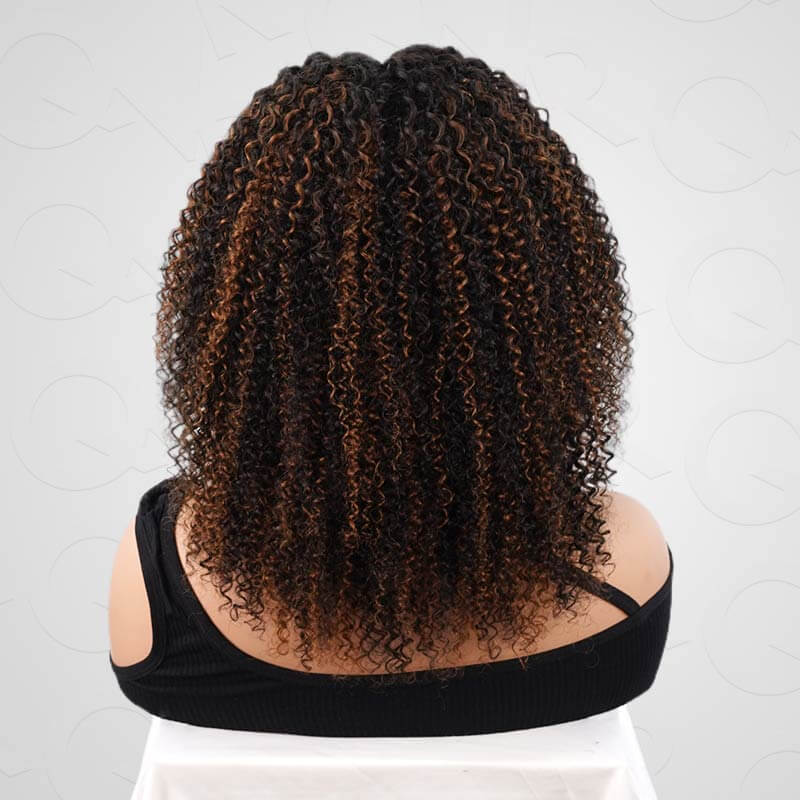 QVR Invisible Lace Edge Kinky Curly V Part Wigs Highlight #1B/33/30/613 No Leave Out Human Hair Wig