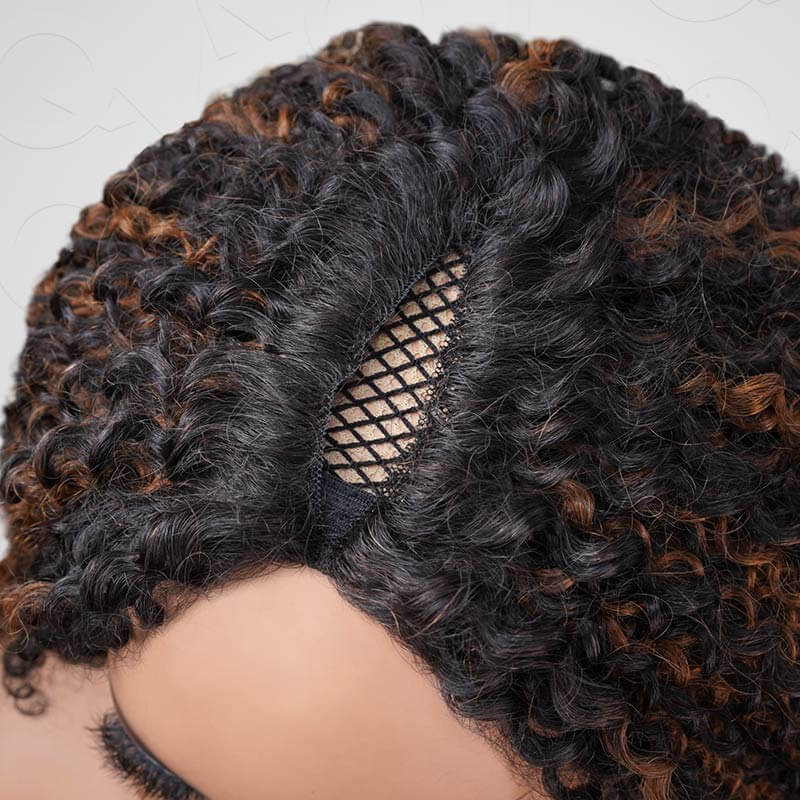 QVR Invisible Lace Edge Kinky Curly V Part Wigs Highlight #1B/30 No Leave Out Human Hair Wig