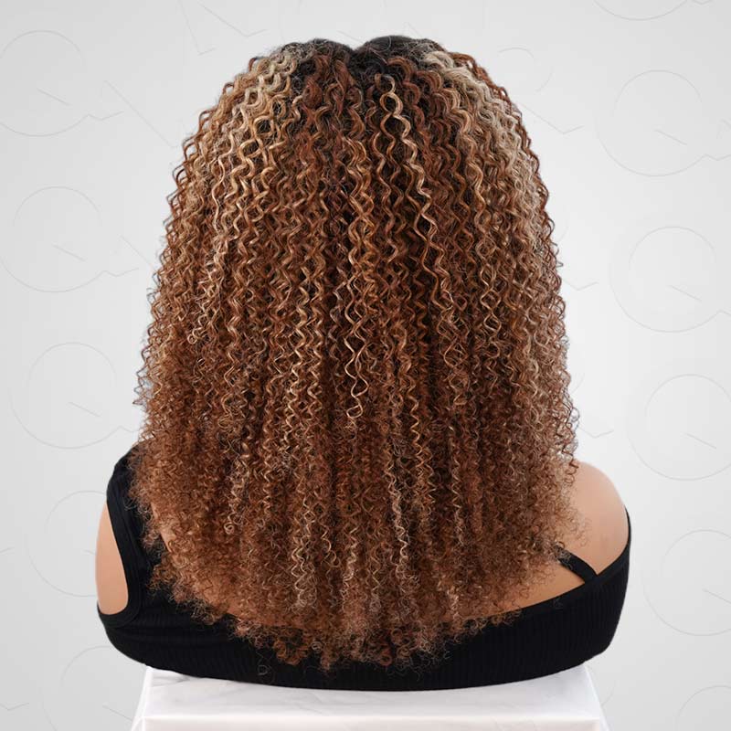 QVR Invisible Lace Edge Kinky Curly V Part Wigs Highlight #1B/27/613 No Leave Out Human Hair Wig