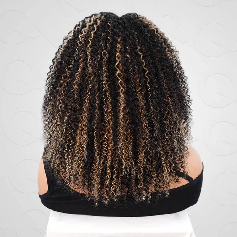 QVR Invisible Lace Edge Kinky Curly V Part Wigs Highlight #1B/33/30/613 No Leave Out Human Hair Wig