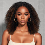 QVR Invisible Lace Edge Kinky Curly V Part Wigs Highlight #1B/30 No Leave Out Human Hair Wig
