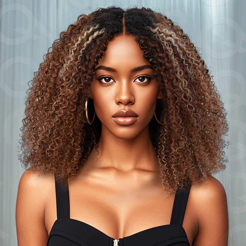 QVR Invisible Lace Edge Kinky Curly V Part Wigs Highlight #1B/33/30/613 No Leave Out Human Hair Wig
