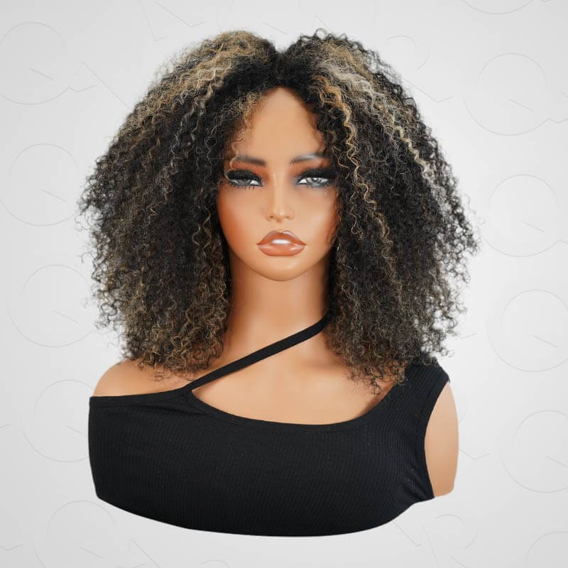 QVR Invisible Lace Edge Kinky Curly V Part Wigs Highlight #1B/27/613 No Leave Out Human Hair Wig