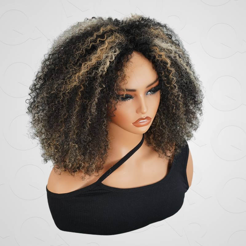 QVR Invisible Lace Edge Kinky Curly V Part Wigs Highlight #1B/27/613 No Leave Out Human Hair Wig
