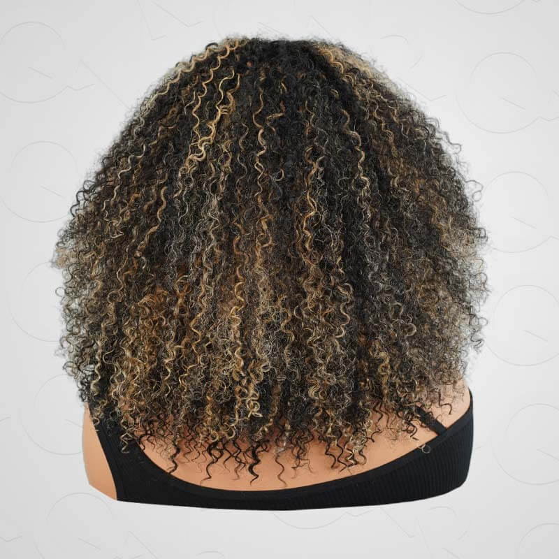 QVR Invisible Lace Edge Kinky Curly V Part Wigs Highlight #1B/27/613 No Leave Out Human Hair Wig