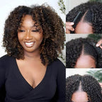 QVR Invisible Lace Edge Kinky Curly V Part Wigs Highlight #1B/30 No Leave Out Human Hair Wig