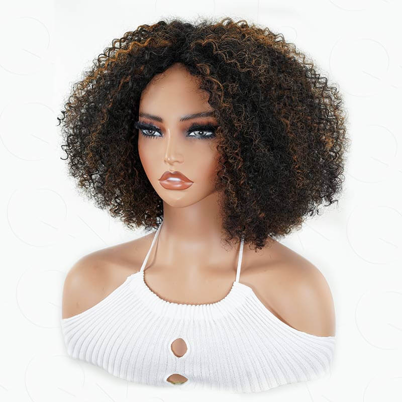 QVR High Quality Natural Curly V Part Wig Highlight #1B/30 Human Hair Short Bob Wig