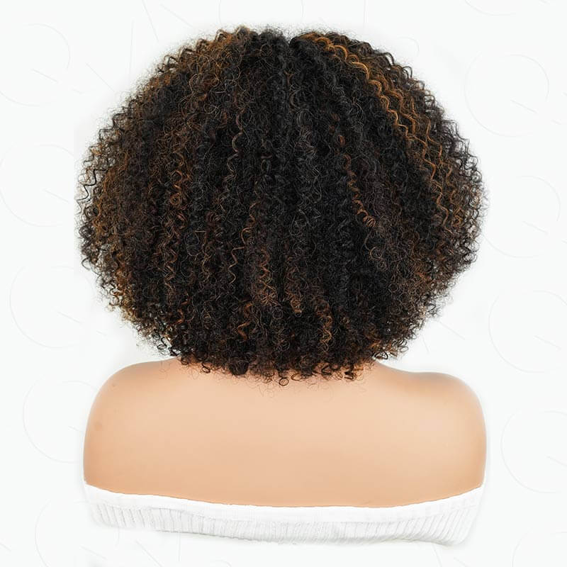 QVR High Quality Natural Curly V Part Wig Highlight #1B/30 Human Hair Short Bob Wig