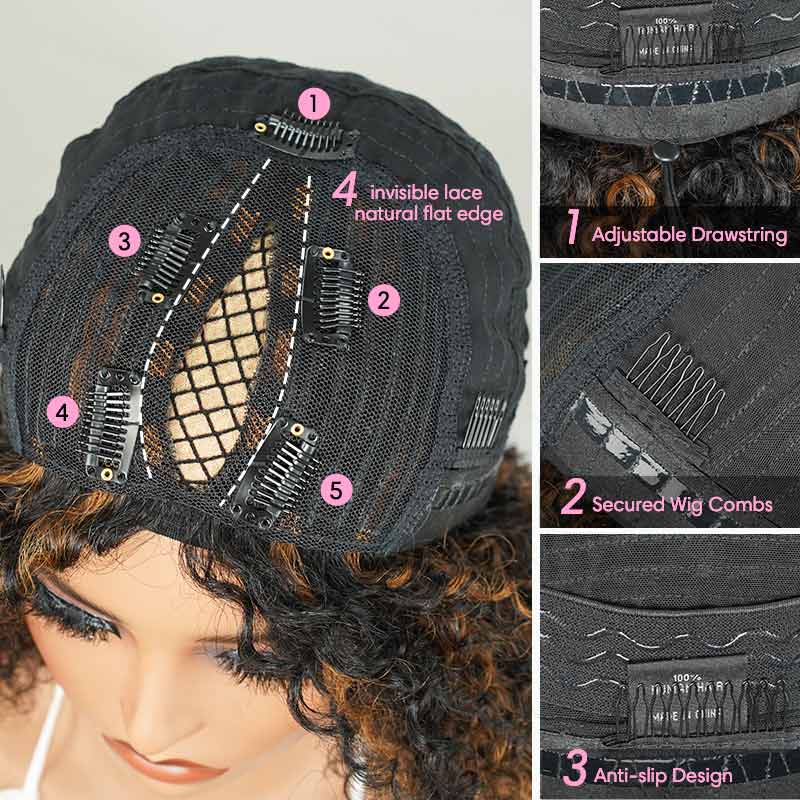 QVR High Quality Natural Curly V Part Wig Highlight #1B/30 Human Hair Short Bob Wig