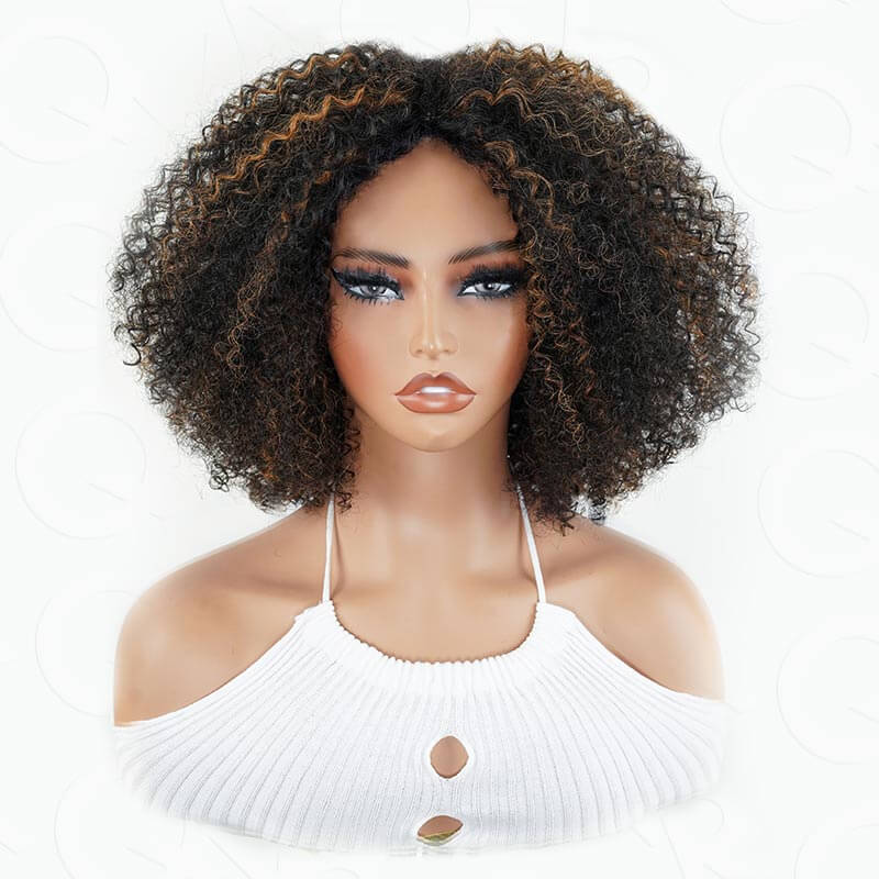 QVR Invisible Lace Edge Kinky Curly V Part Wigs Highlight #1B/30 No Leave Out Human Hair Wig