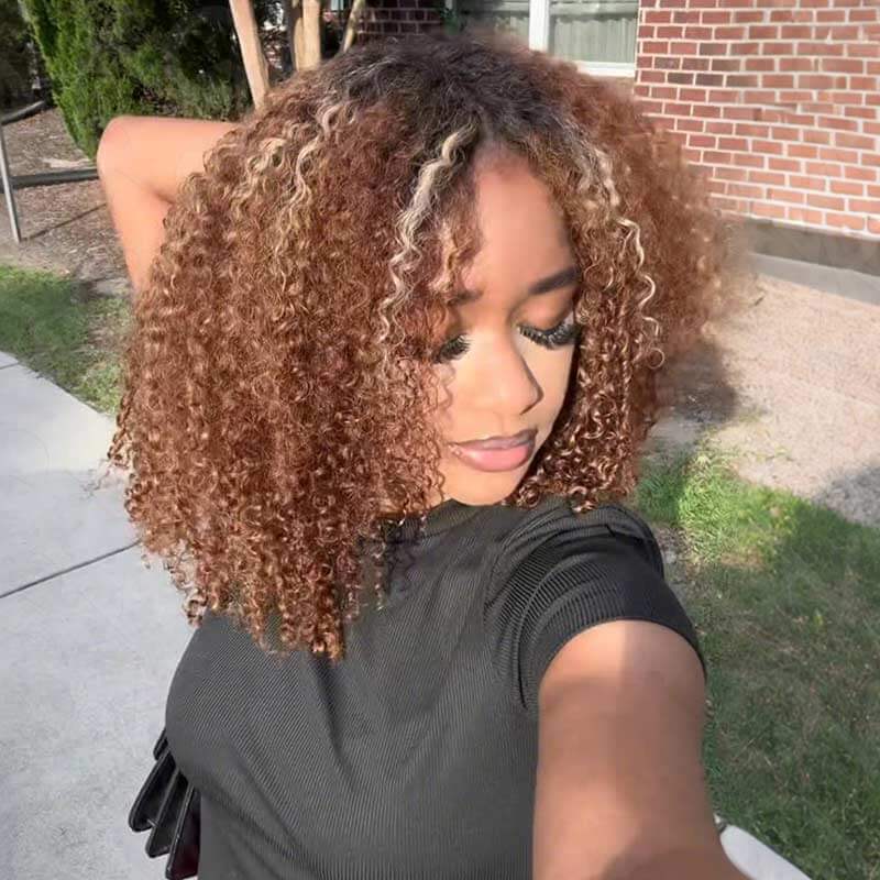 QVR Invisible Lace Edge Kinky Curly V Part Wigs Highlight #1B/33/30/613 No Leave Out Human Hair Wig