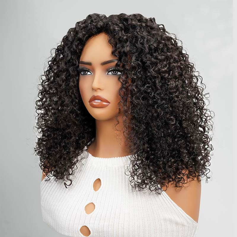 QVR Twist Curly V Part Wigs No Leave Out Human Hair Wig Beginner Friendly