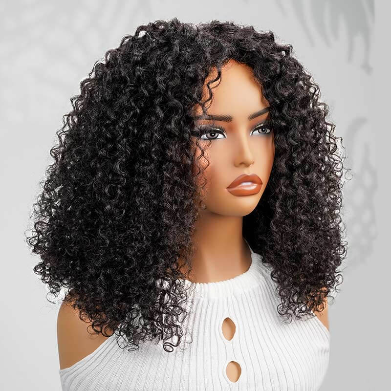 QVR Twist Curly V Part Wigs No Leave Out Human Hair Wig Beginner Friendly