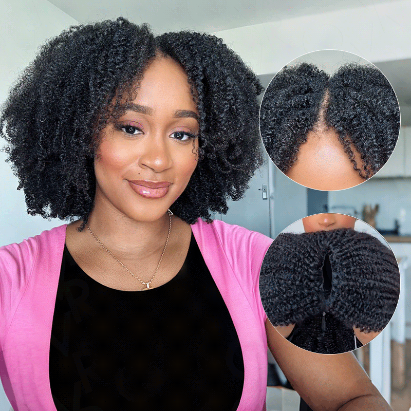 QVR Glueless Burmese Curly V Part Wigs Natural Black Invisible Lace Edge Human Hair Wig
