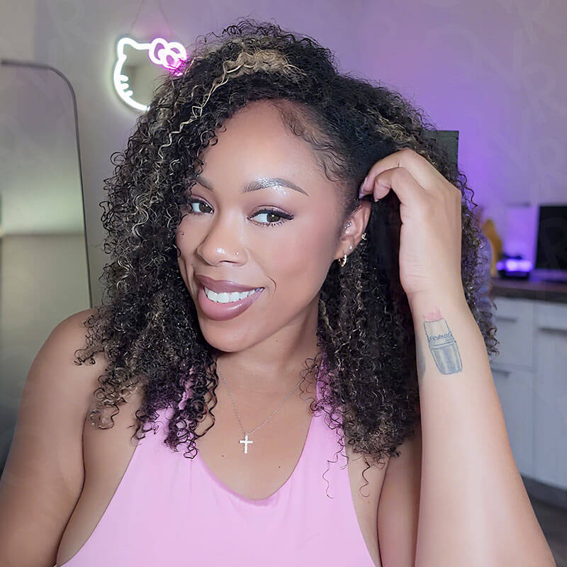 QVR Invisible Lace Edge Kinky Curly V Part Wigs Highlight #1B/27/613 No Leave Out Human Hair Wig