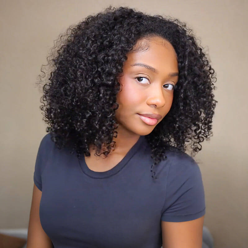 QVR Glueless Kinky Curly Half Wig 250% Density Human Hair Wig Wear Go Flip Over Wig