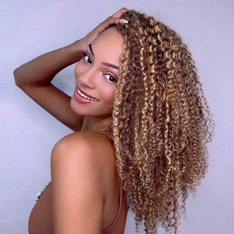 QVR Seamless Small Kinky Curly Feather Crochet Hair Highlight #P4/27 Machine Made Human Hair Extensions