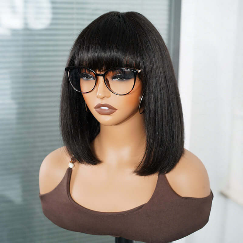QVR Glueless Straight Short Bob Wig with Bangs Natural Black Minimalist Lace Human Hair Wig
