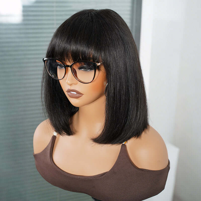 QVR Glueless Straight Short Bob Wig with Bangs Natural Black Minimalist Lace Human Hair Wig