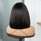 QVR Glueless Straight Short Bob Wig with Bangs Natural Black Minimalist Lace Human Hair Wig